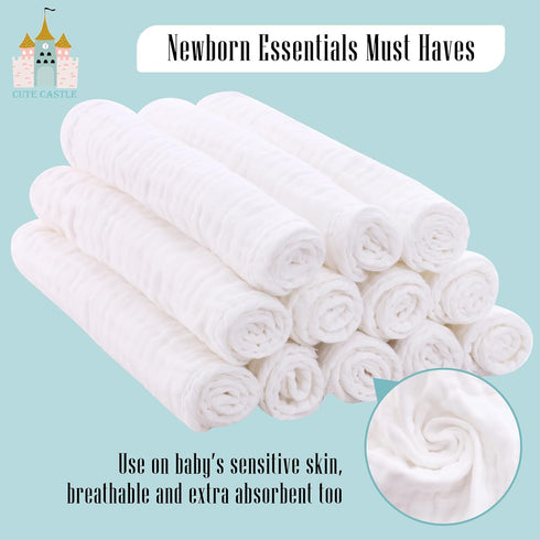 Cute Castle 24 Pack 100% 20'' 10'' Muslin Baby Burp Cloths - Ultra-Soft Cotton Baby Washcloths - Large by Super