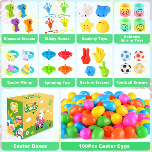 100 Pack Jyusmile Prefilled Easter Eggs with Toy, Filled Plastic Easter Eggs, Surprise Eggs with Assorted Toys, Easter