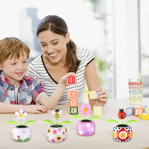 Solar Dancing Bee Toy - Solar Powered Dancing Sun Flower with Colorful Pots and Swinging Ladybug Shape for Car