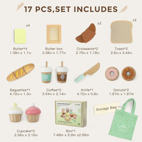 17 Playset 3+, PCS Wooden Bakery Toy Food for Kids, Pretend Picnic Play Food for Toddlers Play Kitchen Accessories
