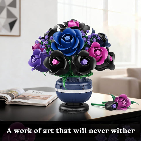 Set 507PCS Set HiWEEGO Flowers Botanicals Building - Artificial Purple Black Rose Bonsai Plant for Home Decor