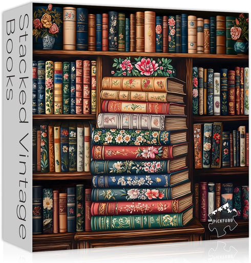 PICKFORU Vintage Book Puzzles for Adults 1000 Pieces, Bookshelf Wildflower Pages Jigsaw Puzzle,