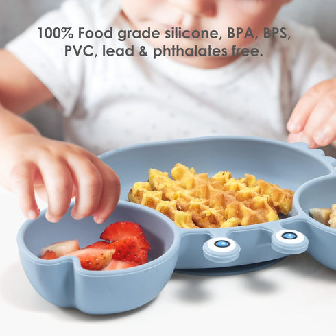 ROCCED Suction Plates for Baby, Silicone Divided Plates with Spoon Fork Set for Toddler Dishes (Crab Dusty Blue)