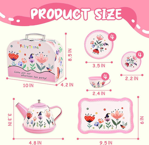 Set 3-6, 15-Piece Set Floral Tea Party for Little Girls Ages Pretend Play Kitchen Toys with Teapot, Cups, Plates