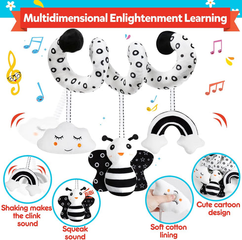 Baby Spiral Hanging Stroller and Car Seat Toys, Black and White High Contrast Sensory Toy for Newborns, Plush Activity