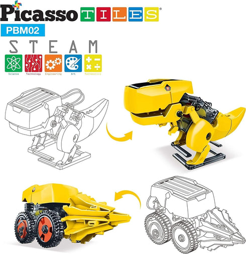 PicassoTiles STEM Kids Solar Powered Dinosaur Robot Educational Learning Engineering Building Toy 3-in-1 Creative Unique Transformation Renewable Sun Energy Science Experiment DIY Kit Boy Girl Age 8+