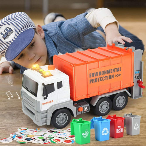 12" 4 Garbage Truck Toys Trash Truck Dump Truck with Garbage Cans, Friction Powered Truck with Sound and Light,Push