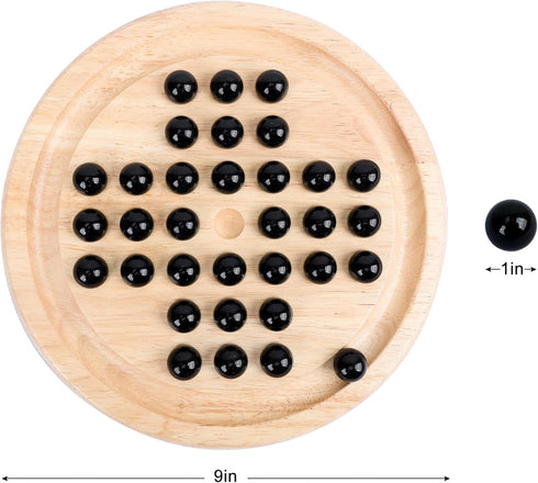33 Offelec Wooden Solitaire Board Game with Piece Black Glass Marbles Classic One Player Gameplay Strategy Puzzle Board