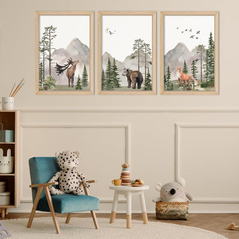 YWJKWLGS Set 3, 11x16 Inch Woodland Animal Nursery Wall Art of Natural Wood Framed Watercolor Deer Bear Fox Prints