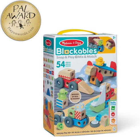 Set (54 Melissa & Doug Blockables Vehicles Snap and Play, Mix and Match Connectable Wooden Building Blocks Play Toy