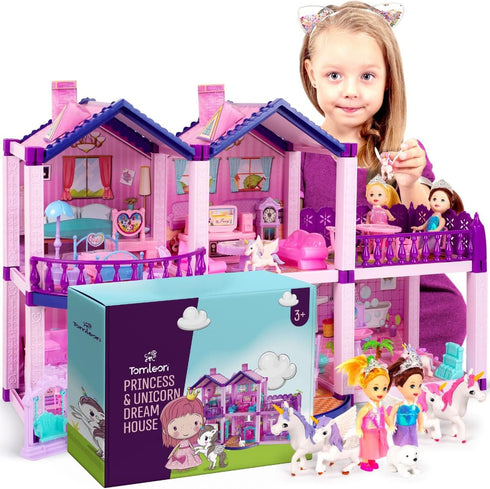 Dollhouse with 4 Princesses, 4 Unicorns, Dog, Furniture & Accessories - Pink and Purple Dream Toy for Girls Ages 2-7