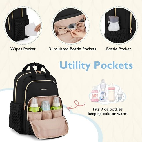 mommore Backpack, Large-27L) Diaper Bag Stylish Travel Baby Bag with Insulated Pockets, Changing Pad and Stroller