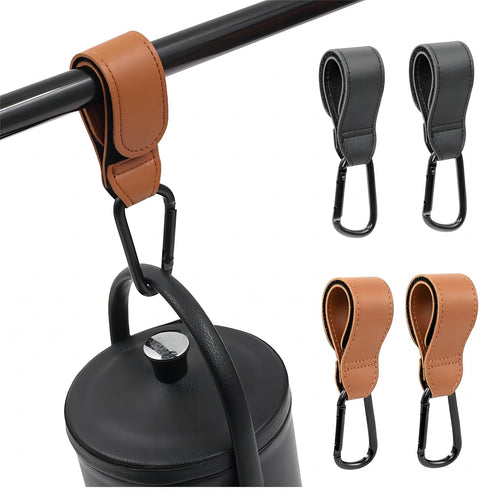 4PCS Multipurpose Stroller Hook Accessories, Leather Clips for Diaper Bags, Pet Carts, Grocery Bags, Black and Brown