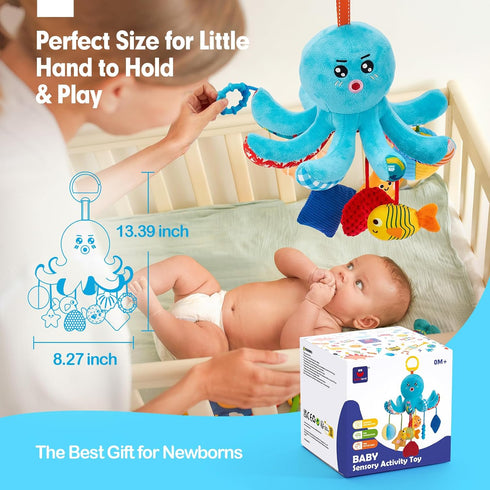 0-6 4 hahaland Baby Toys Months - Car Seat Toys Octopus Toy with Pulling Cords, Squeaky, Crinkle, Rattle, Mirror