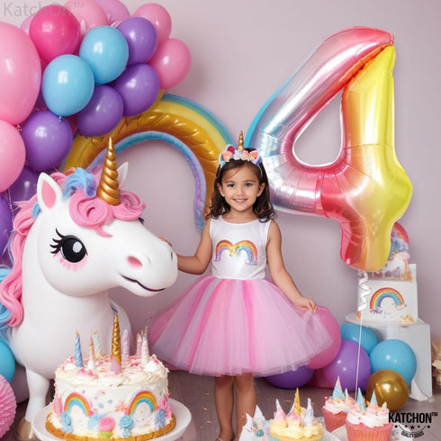 KatchOn Giant Rainbow 4 Balloon - 40 Inch Number 4 Balloon for Unicorn Birthday Decorations