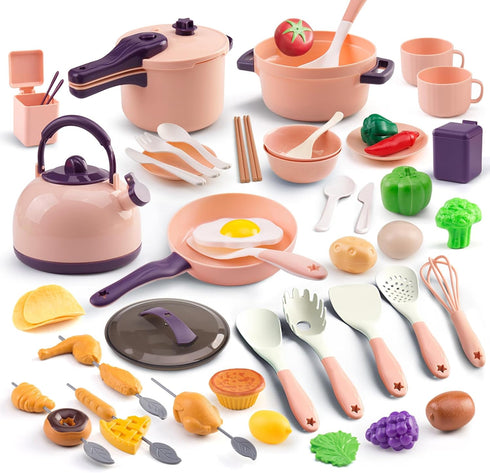 Zero Zoo 60Pcs Set Sets, Kids Mini Play Kitchen Accessories, Pretend Cooking Play with Cookware, Tableware & Fruit
