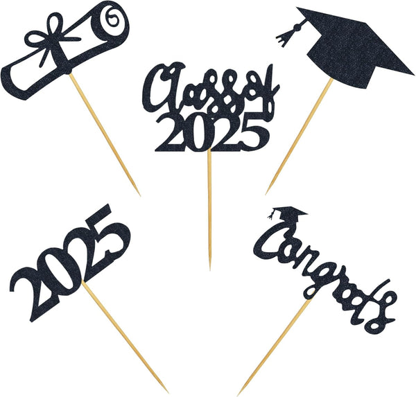30 PCS Graduation Cupcake Toppers 2025, Grad Cap Cake Toppers, Food Picks for Party Supplies & Favors, 5 Styles