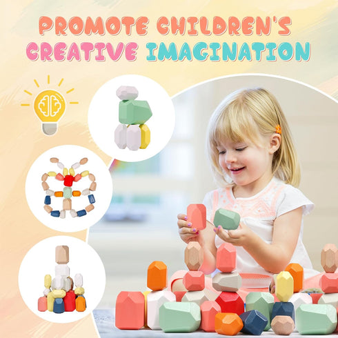 36PCS 3 4 5 3-5 Wooden Stacking Rocks Building Blocks, Montessori Toys for year old Stacking Game Sensory Preschool