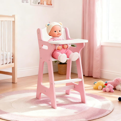 PHOKID 18" Doll High Chair for Pretend Play - Wooden Doll Furniture with Safety Belt, Footrest & Flower Backrest