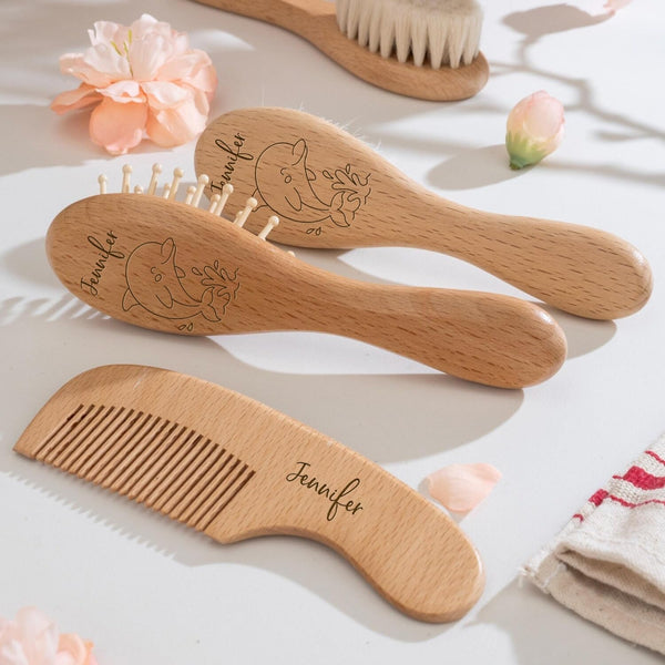 PLOVEGIFT Personalized Wooden Baby Hairbrush And Comb Set, Custom Goat Soft-bristle Brush, Engraved