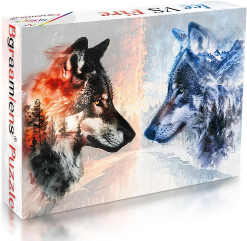Bgraamiens Puzzle- Ice VS Fire -1000 pieces Fantasy Double Exposure Wolf Puzzle, Nature Animals Puzzle Impossible Hard Puzzle for Adults