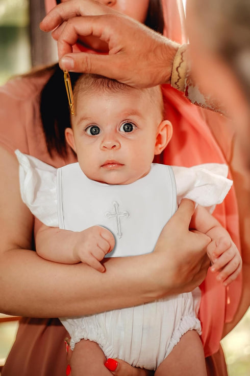 KESICI Baptism Bib for Baby Boy and Girls - Soft Cotton Adjustable Christening Outfits Embroidered Cross Bib