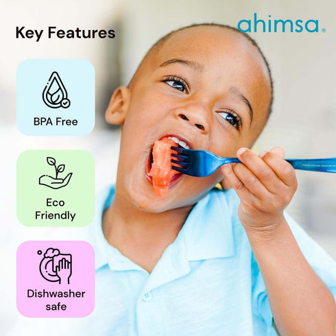 Ahimsa Stainless Steel Forks & Spoons, Kids Utensil Set, 100% BPA Free & Dishwasher Safe (Iridescent Blue)