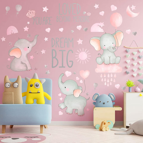 Outus 7 Pcs Dream Big Little One Elephant Nursery Wall Stickers Wall Decor Baby Room Moon Hot Air Balloon Pink Grey