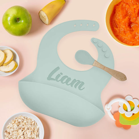 Set Personalized Silicone Bib and Spoon with Custom Name, Babies/Toddlers Durable Adjustable with Pocket for Baby Boy