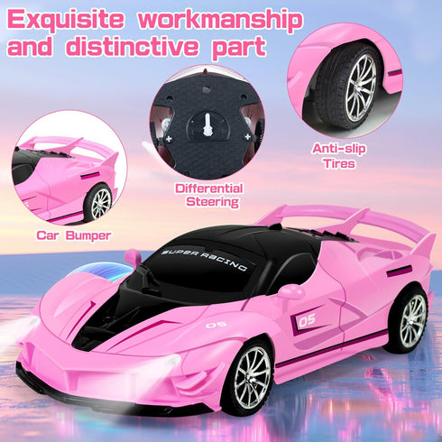 Pink RC Car for Girls, Remote Control Vehicle Toy with Lights & Controller, Birthday Gift for 3-12 Year Olds