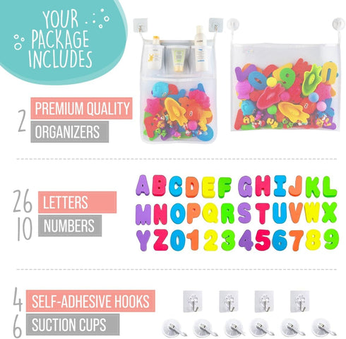 Comfylife 2 x Mesh Bath Toy Organizer + 6 Hooks + 36 Educational Foam Letters & Numbers for Baby Bath Toys