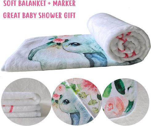 Floral Elephant Baby Monthly Milestone Blanket, Soft Fleece Jungle Elephant Girl's Blanket, Includes Marker (White,