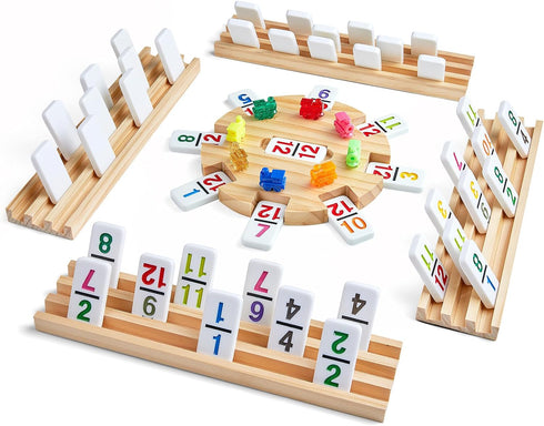 Set 4 12 91 ELONGDI Mexican Train Dominoes with Wooden Trays/Racks and Portable Carrying Case,Travel Colorful Double