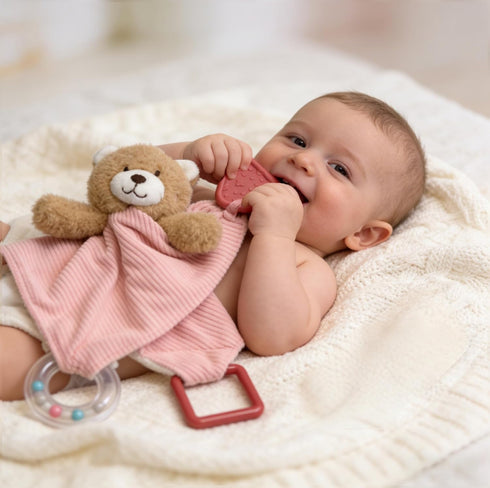 3-in-1 CREVENT Baby Lovey Blanket with Teether & Rattle | Plush Chewable Animal Head Security Blanket, Birthday Gift