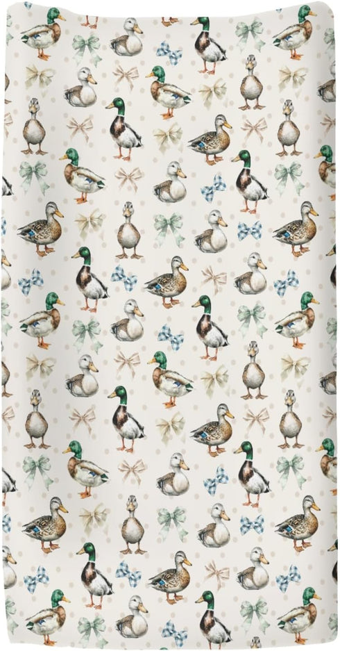 ZoUbqchY 32''16'' Vintage Duck Bows Floral Changing Pad Covers for Baby Girls Boys Green Mallard Ducks Fitted Changing