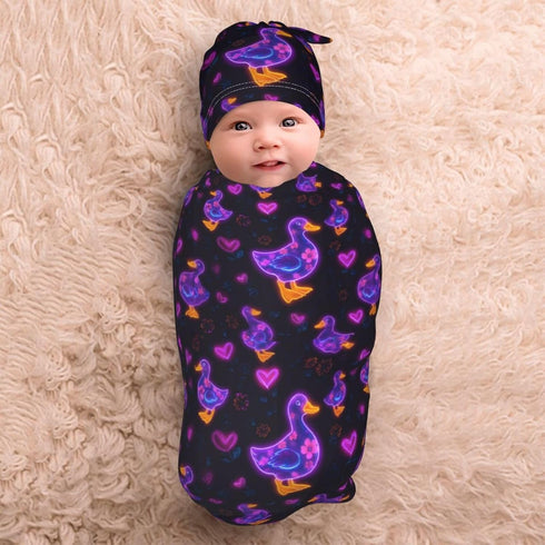 Nanyizly Set 0-6m Neon Glowing Duck Hearts Flowers Newborns Beanie Swaddle Blanket Baby Receiving Blankets for Infant