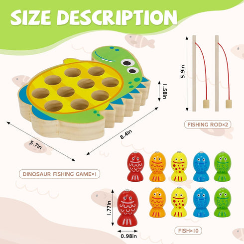 JooKiddie 3-5, Wooden Magnetic Fishing Game, Dinosaur Magnetic Fishing Toy for Kids Montessori Preschool Education