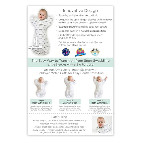 Amazing Baby Transitional Swaddle Sack with Arms Up Half-Length Sleeves, Large, 6-9 Months, Tiny Elephants, Pink