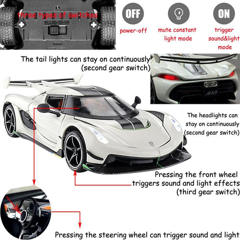 Toy Cars Model Koenigsegg Jesko, 1/24 White Alloy Die-cast Vehicle with Sound and Light