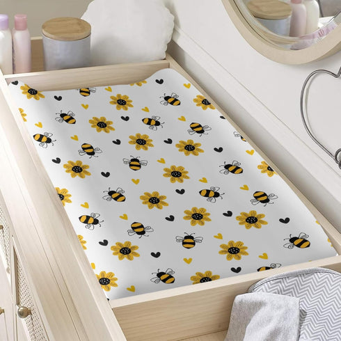 KuphiL10C Girls-16x32 Cartoon Bee Sunflowers Floral Hearts Pattern Baby Changing Pad Cover, Unisex Bee Nursery Diaper