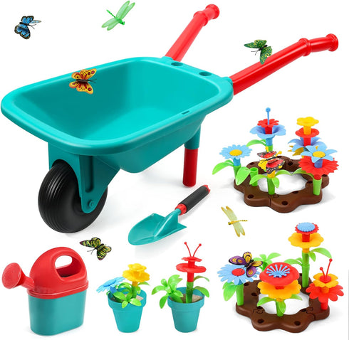 CUTE STONE Kids Gardening Tool Set, Garden Toys with Wheelbarrow, Watering Can,