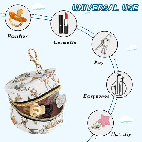 YETTASBIN Deer Portable Pacifier Holder Case with Metal Hook Buckle & Zipper for Diaper Bag and Stroller, Versatile