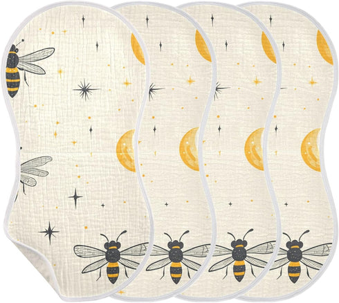 decor gift 4 Pack 22x11in Cotton Muslin Baby Burp Cloths Soft Touch Bees Beige Moon Stars Starry Feeding Cloth