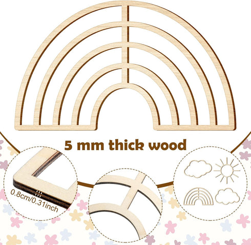 4 Pieces Boho Nursery Cloud Star Wall Decor Wooden Babyroom Moon Rattan Wall Decor Wooden Rainbow for Children Baby