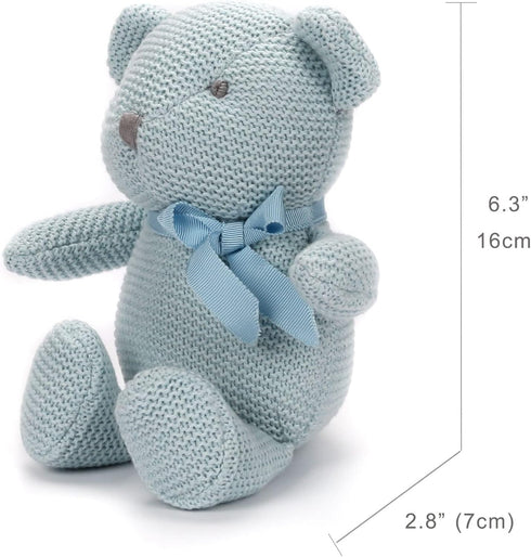 100% Organic Cotton Blue Teddy Bear Baby Toys, 6.5" Stuffed Animals for Newborn