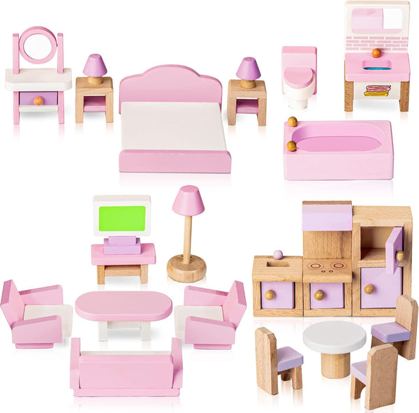 WOODMAM Wooden Dollhouse Furniture Set, 22 PCS Doll House Accessories Including 5