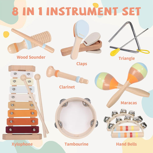 Set 18 1-3, 1 2 3 Baby Musical Instruments - Montessori Wooden Month Old Baby Musical Toys, Toddler Percussion