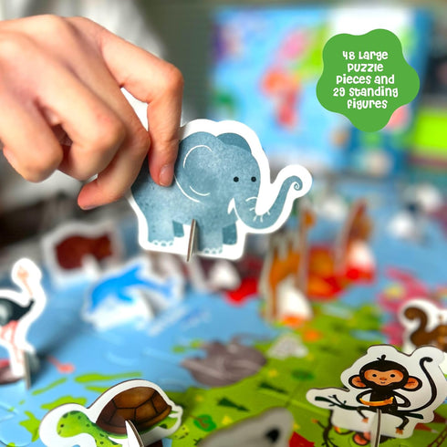 3-5 Dinomini Giant World Map Puzzle for Kids - with Interactive Standing Figures - Floor Puzzles for Kids Ages