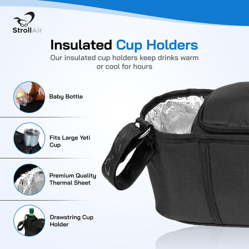 StrollAir Universal Best Double Parent Stroller Organizer Caddy with Insulated Cup Holder for Mountain Buggy TWIN