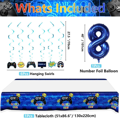 Video Game Party Decorations - 8th Birthday Decorations for Boys, HAPPY BIRTHDAY Banner, Video Game Balloons, Number 8 Blue Balloons, Gaming Hanging Swirls, Game On Birthday Party Supplies
